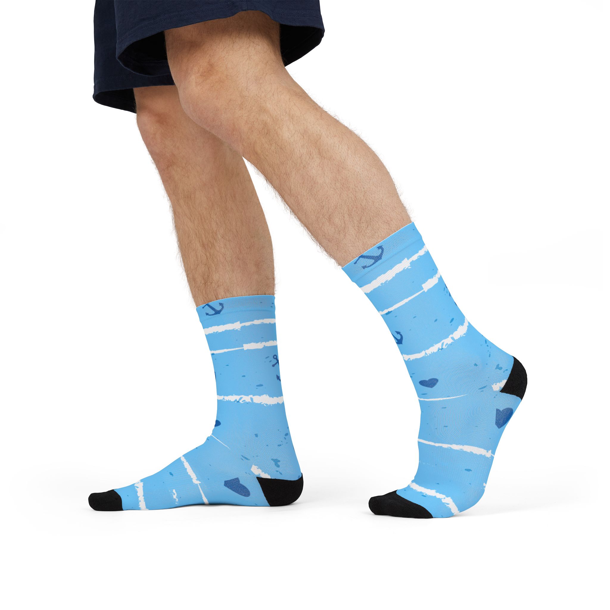 Nautical Stripe Crew Socks — Blue Anchors & Hearts Sublimation Socks - Image 2