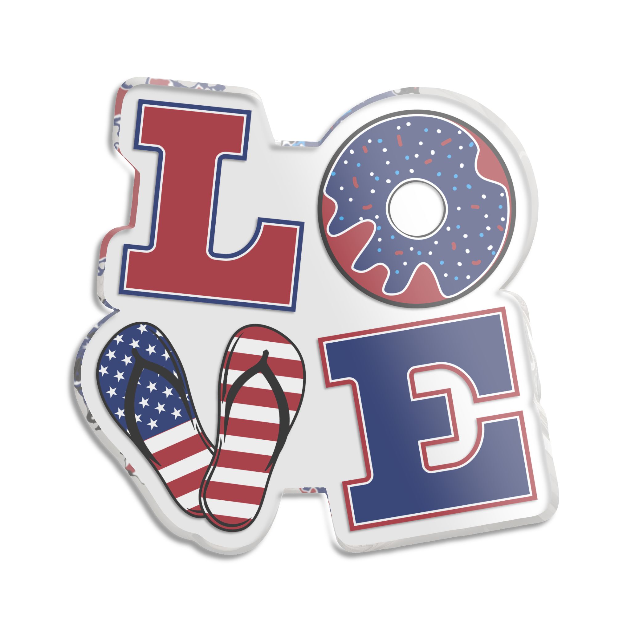 LOVE Patriotic Sticker — American Flag Flip-Flops & Donut Cut-Out Decal