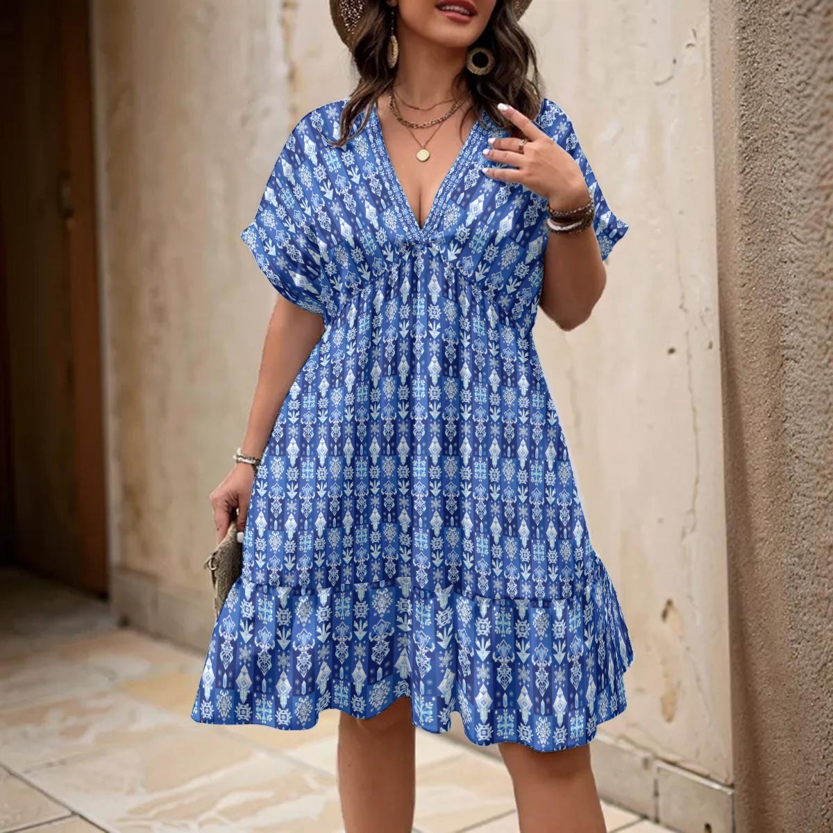 All-Over Print Women’s Floral V-Neck Short Sleeve Dress - Image 2