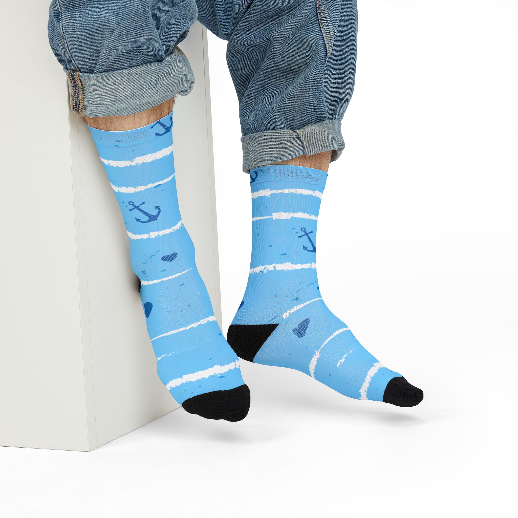 Nautical Stripe Crew Socks — Blue Anchors & Hearts Sublimation Socks - Image 8