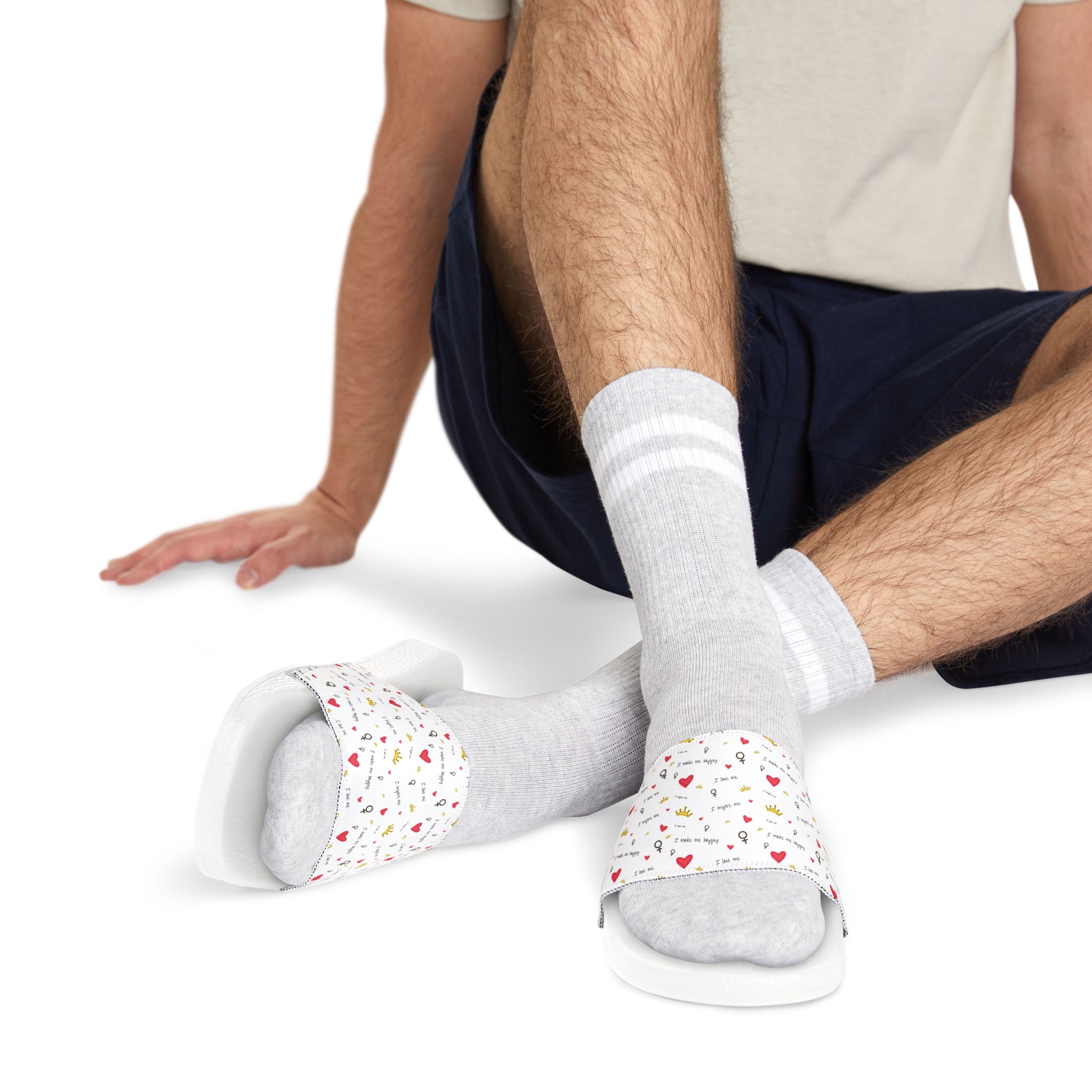 Men's Slide Sandals — White Removable-Strap Slides with Cute Heart & Doodle Print - Image 2