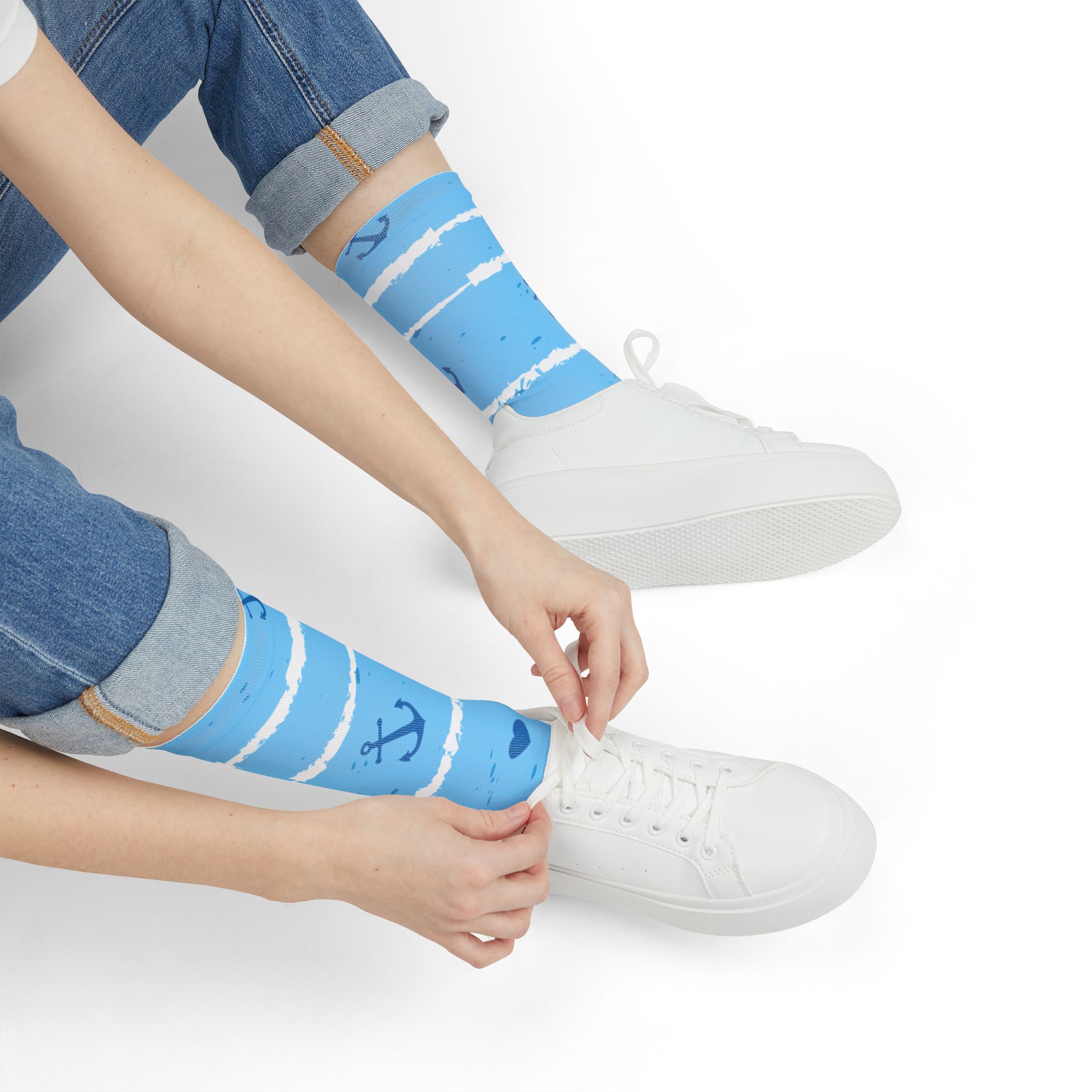 Nautical Stripe Crew Socks — Blue Anchors & Hearts Sublimation Socks