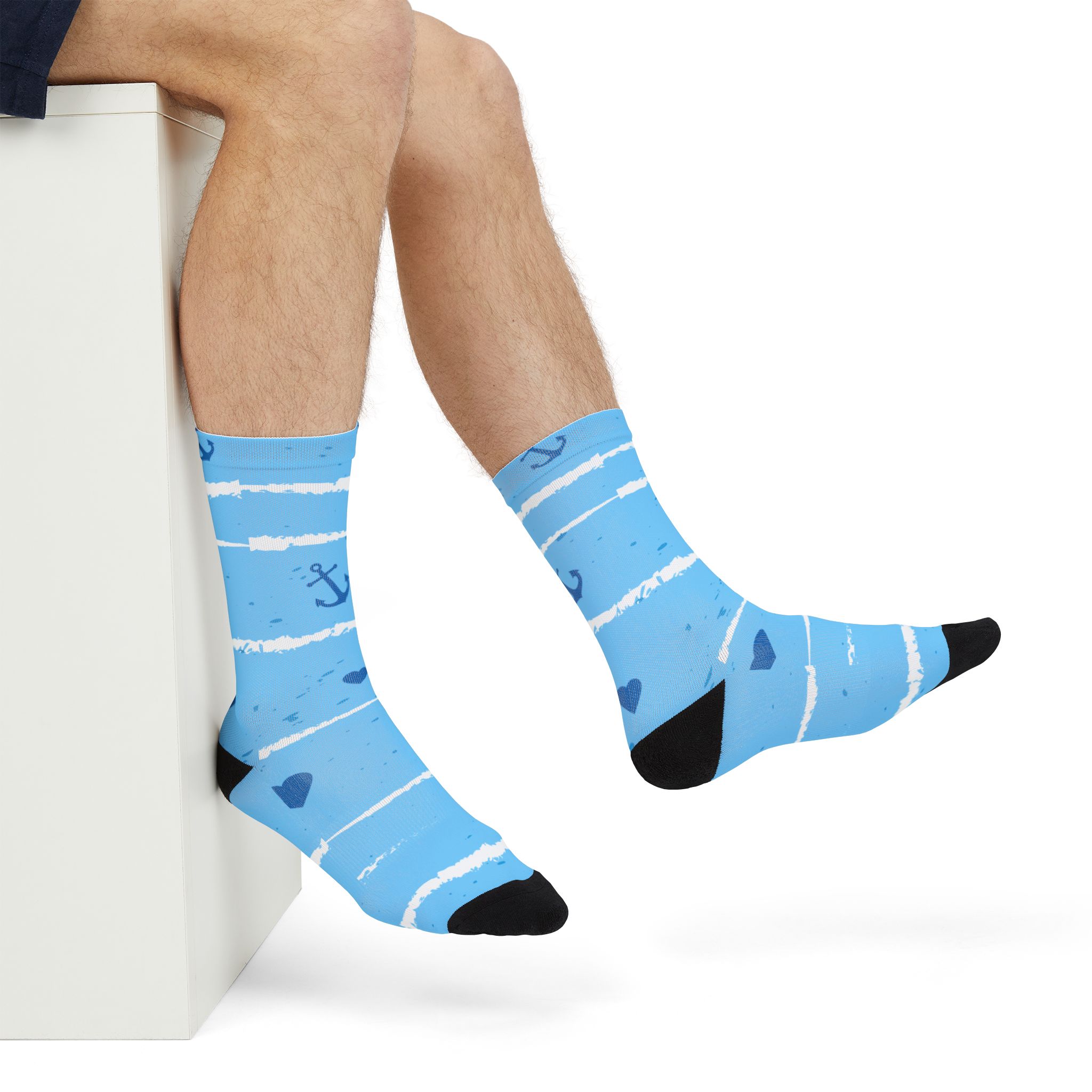 Nautical Stripe Crew Socks — Blue Anchors & Hearts Sublimation Socks - Image 3